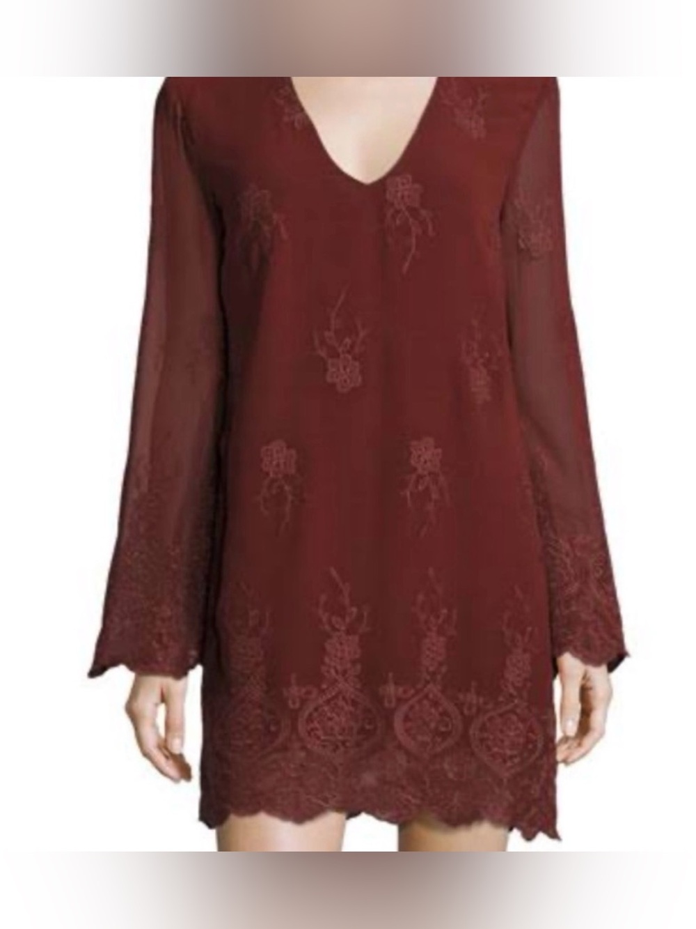 WAYF Halifax Dress Embroidered Flare Long-Sleeve Burgundy Size M